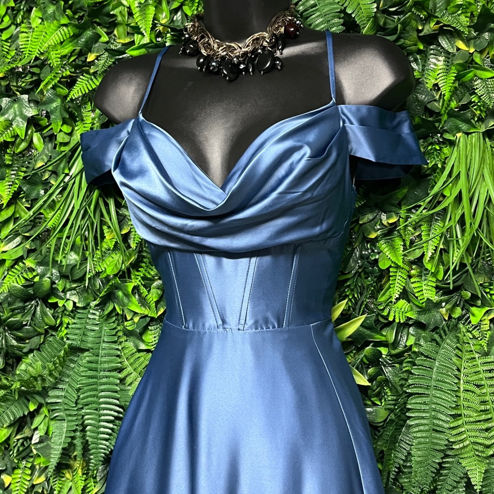 Windsor Satin Off-Shoulder Prom Gown in Blue - Picture 6 of 8